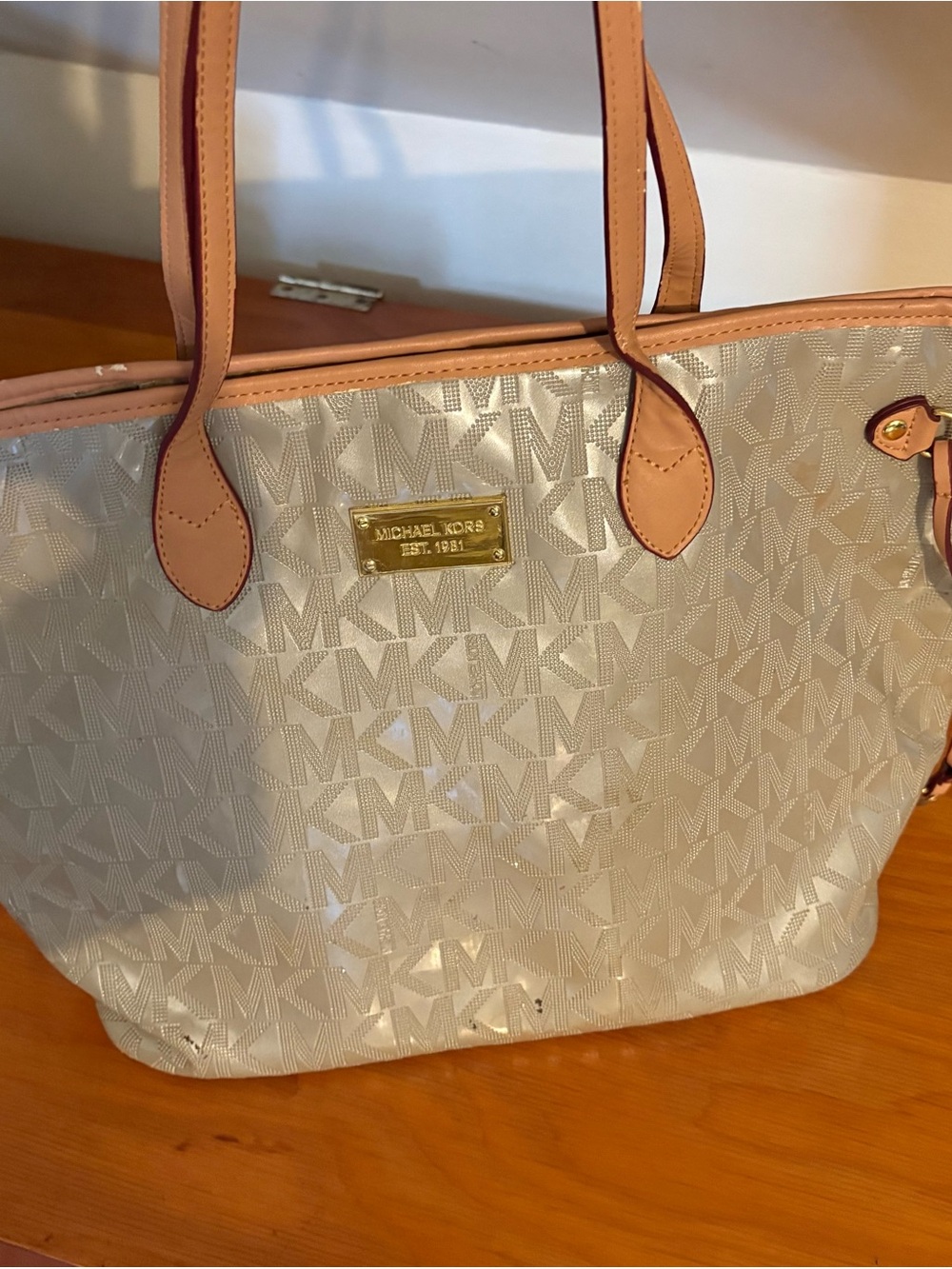 Michael Kors Cream Logo Tote with Tan Trim and Gold Plaque
